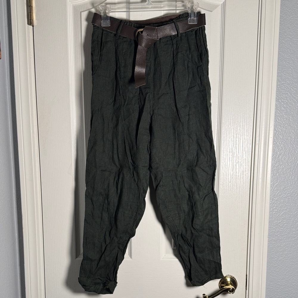 NWOT Women's Italian Boutique Dark Green Relaxed Linen Trousers + Leather Belt